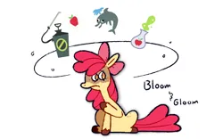 Size: 1280x800 | Tagged: safe, artist:goatpaste, derpibooru import, apple bloom, dolphin, earth pony, pony, g4, season 5, apple, apple bloom's bow, bloom & gloom, bow, circle, female, filly, foal, food, frown, hair bow, image, png, potion, simple background, solo, thought bubble, white background, worried