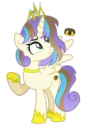 Size: 1873x2689 | Tagged: safe, artist:princess--gracie, derpibooru import, oc, oc:carmel cake, unofficial characters only, alicorn, pony, g4, adoptable, base used, crown, female, hoof shoes, image, jewelry, mare, offspring, parent:pound cake, parent:princess flurry heart, parents:poundflurry, png, princess shoes, raised hoof, regalia, simple background, solo, transparent background, turned head