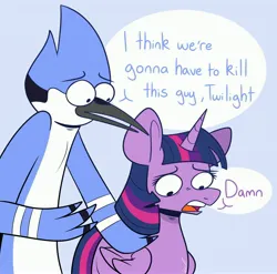 Size: 4096x4040 | Tagged: safe, artist:crookedbeetles, derpibooru import, twilight sparkle, twilight sparkle (alicorn), alicorn, bird, blue jay, pony, g4, absurd resolution, crossing the memes, damn, duo, duo male and female, female, i think we're gonna have to kill this guy, image, jpeg, male, mare, meme, mordecai, regular show, style emulation, vulgar