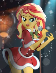 Size: 4926x6480 | Tagged: safe, artist:emeraldblast63, derpibooru import, sunset shimmer, equestria girls, g4, christmas, clothes, costume, female, holiday, image, microphone, png, santa costume, singing, solo