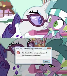 Size: 1942x2180 | Tagged: safe, derpibooru import, edit, edited screencap, editor:wojtek-ツ, screencap, rarity, spike, dragon, pony, unicorn, g4, blushing, boop, close-up, clothes, duo, duo male and female, error message, fake, faker than a three dollar bill, female, glasses, hat, image, male, mare, meme, microsoft windows, my little pony best gift ever, nose to nose, nose wrinkle, noseboop, png, scarf, shipping, shipping fuel, smiling, snow, sparity, spike want, straight, striped scarf, sunglasses, windows, windows 7, winged spike, wings, winter outfit