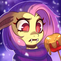 Size: 900x900 | Tagged: safe, artist:switchsugar, derpibooru import, fluttershy, bat pony, g4, apple, bat ponified, candy apple (food), clothes, flutterbat, food, image, png, profile picture, race swap, scarf, snow