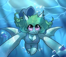 Size: 3623x3171 | Tagged: safe, artist:minty--fresh, derpibooru import, oc, anthro, bat pony, anthro oc, arms out, braid, breasts, bubble, cleavage, clothes, crepuscular rays, hat, hat off, high res, holding breath, image, looking at you, ocean, png, smiling, smiling at you, solo, sunlight, swimming, swimsuit, underwater, water