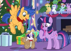 Size: 1055x757 | Tagged: safe, artist:xxseveruseclipsexx, derpibooru import, flash sentry, twilight sparkle, twilight sparkle (alicorn), oc, oc:severus eclipse, alicorn, pegasus, pony, g4, base used, bipedal, christmas, christmas tree, clothes, costume, ethereal mane, ethereal tail, family, female, filly, fireplace, flashlight, foal, gingerbread man, hearth's warming doll, holiday, holly, image, jpeg, male, mare, offspring, parent:flash sentry, parent:twilight sparkle, parents:flashlight, present, scarf, shipping, stallion, straight, tail, tree, twilight's castle, ultimate twilight