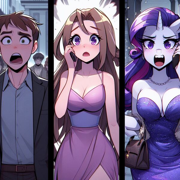 Size: 1024x1024 | Tagged: safe, ai content, derpibooru import, machine learning generated, rarity, anthro, human, unicorn, g4, big breasts, breasts, busty rarity, human to anthro, image, jpeg, male to female, mobile phone, open mouth, phone, prompter:horselover fat, purple eyes, purse, rule 63, transformation, transformation sequence, transgender transformation, wrong eye color