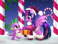 Size: 2400x1800 | Tagged: safe, artist:darksly, derpibooru import, spike, twilight sparkle, twilight sparkle (alicorn), alicorn, dragon, pony, g4, blushing, boots, brotherly love, candy, candy cane, christmas, christmas sweater, clothes, cute, duo, female, food, gloves, hat, high res, holiday, horn, image, jpeg, male, mare, night, open mouth, santa hat, shoes, sibling love, snow, spikabetes, spikelove, spread wings, stars, sweater, twiabetes, wings