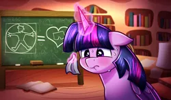 Size: 4372x2555 | Tagged: safe, artist:littletigressda, derpibooru import, twilight sparkle, twilight sparkle (alicorn), alicorn, pony, g4, book, chalkboard, drawing, estrus, fanfic art, golden oaks library, heart, human fetish, image, library, magic, napkin, open book, png, solo, sweat