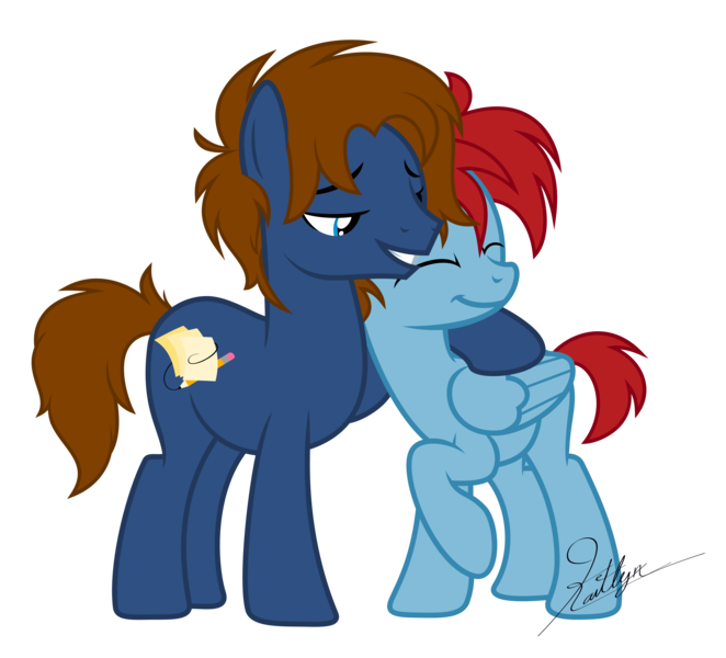 Size: 6000x5439 | Tagged: safe, artist:kaitykat117, derpibooru import, oc, oc:jack(fb), oc:jasper(fb), earth pony, pegasus, g4, base used, couple, eyes closed, gay, grin, hoof on shoulder, hug, image, male, png, raised hoof, short tail, simple background, smiling, tail, transparent background, vector