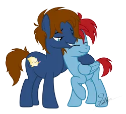 Size: 6000x5439 | Tagged: safe, artist:kaitykat117, derpibooru import, oc, oc:jack(fb), oc:jasper(fb), earth pony, pegasus, g4, base used, couple, eyes closed, gay, grin, hoof on shoulder, hug, image, male, png, raised hoof, short tail, simple background, smiling, tail, transparent background, vector