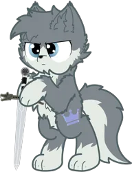 Size: 1656x2159 | Tagged: safe, artist:fliegerfausttop47, artist:guardian talon, derpibooru import, oc, oc:flow, unofficial characters only, hybrid, pony, wolf, wolf pony, derpibooru community collaboration, 2024 community collab, bipedal, chest fluff, ear fluff, fluffy, image, male, paws, png, serious, serious face, simple background, solo, sword, transparent background, weapon