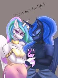 Size: 960x1280 | Tagged: safe, artist:peanutfrogy, derpibooru import, princess celestia, princess luna, twilight sparkle, alicorn, anthro, pony, unicorn, g4, choker, chokerlestia, chokerluna, clothes, cute, doll, dress, evening gloves, eyeshadow, female, gloves, holding a pony, image, long gloves, makeup, plushie, png, ponytail, siblings, sisters, strapless, text, toy, trio, trio female, twiabetes, twilight sparkle plushie, unfinished art, unicorn twilight