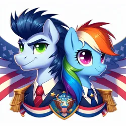 Size: 1024x1024 | Tagged: safe, ai content, derpibooru import, machine learning generated, prompter:*rainbow dash*, rainbow dash, soarin', g4, bust, clothes, duo, female, generator:bing image creator, image, male, png, president, shipping, simple background, soarindash, straight, suit, united states, white background