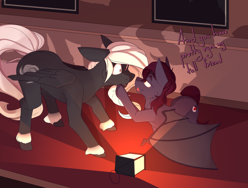 Size: 5000x3800 | Tagged: safe, artist:chapaevv, derpibooru import, oc, oc:maelstorm, oc:rose, unofficial characters only, bat pony, pegasus, pony, comic:look into my eyes, duo, female, image, indoors, lamp, licking, png, text, tongue out, walking