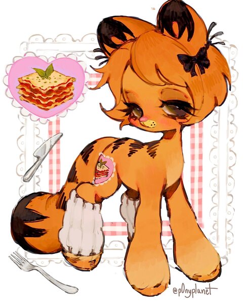 Size: 1681x2048 | Tagged: safe, artist:p0nyplanet, derpibooru import, oc, ponified, unofficial characters only, cat, cat pony, original species, pony, g4, bow, clothes, female, food, fork, garfield, image, jpeg, knife, lasagna, leg warmers, mare, orange fur, pasta, ponysona, simple background, solo, standing, stripes, tail, white background