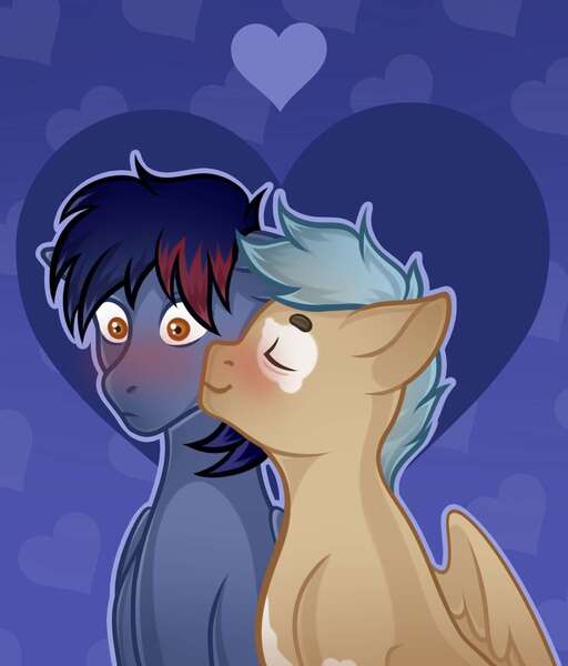 Size: 1333x1562 | Tagged: safe, artist:vatutina, derpibooru import, oc, oc:dawn chaser, oc:onyx, unofficial characters only, pegasus, pony, blushing, coat markings, commission, duo, eyes closed, gay, heart, heart background, image, jpeg, kiss on the cheek, kissing, male, male oc, oc x oc, pegasus oc, shipping, stallion, stallion oc, two toned mane, wide eyes, wings, ych result