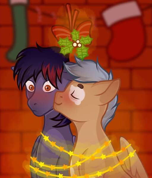 Size: 1333x1562 | Tagged: safe, alternate version, artist:vatutina, derpibooru import, oc, oc:dawn chaser, oc:onyx, unofficial characters only, pegasus, pony, blurry background, blushing, christmas, christmas lights, christmas stocking, coat markings, commission, duo, eyes closed, gay, heart, holiday, image, jpeg, kiss on the cheek, kissing, male, male oc, mistleholly, oc x oc, pegasus oc, shipping, stallion, stallion oc, two toned mane, wide eyes, wings, ych result