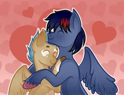 Size: 2560x1968 | Tagged: safe, artist:vatutina, derpibooru import, oc, oc:dawn chaser, oc:onyx, unofficial characters only, pegasus, pony, coat markings, colored hooves, commission, duo, eyes closed, gay, heart, heart background, hug, image, jpeg, male, male oc, oc x oc, outline, pegasus oc, shipping, stallion, stallion oc, two toned mane, unshorn fetlocks, white outline, wings, ych result