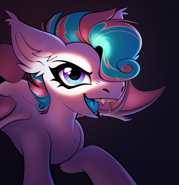 Size: 2900x3000 | Tagged: safe, artist:rtootb, derpibooru import, oc, oc:sweetie swirl, unofficial characters only, bat pony, bat pony oc, bat wings, big ears, big eyes, blue eyes, blue tongue, commission, cute, dark background, eyelashes, fangs, femboy, gradient eyes, high res, image, looking at you, looking up, male, open mouth, pink hair, png, shading, shading practice, simple background, smiling, smiling at you, solo, wings