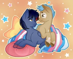 Size: 2560x2101 | Tagged: safe, artist:vatutina, derpibooru import, oc, oc:dawn chaser, oc:onyx, unofficial characters only, pegasus, pony, blanket, coat markings, colored hooves, commission, cuddling, duo, gay, high res, image, jpeg, looking at each other, looking at someone, lying down, male, male oc, oc x oc, one eye closed, pegasus oc, pillow, pride, pride flag, shipping, stallion, stallion oc, stars, transgender pride flag, two toned mane, unshorn fetlocks, wings, ych result