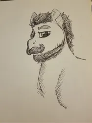 Size: 3024x4032 | Tagged: safe, artist:onyxdr, derpibooru import, oc, oc:gunsmoke, unofficial characters only, earth pony, pony, beard, bust, earth pony oc, eyebrows, facial hair, image, jpeg, looking at you, male, male oc, moustache, photo, raised eyebrow, simple background, sketch, stallion, stallion oc, traditional art, white background