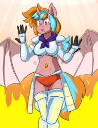 Size: 1488x1925 | Tagged: safe, artist:zanezandell, derpibooru import, oc, unofficial characters only, alicorn, anthro, bat pony, bat pony alicorn, armor, bat wings, breasts, clothes, female, fire, fusion, heterochromia, horn, image, midriff, open mouth, panties, png, socks, surprised, thigh highs, unconvincing armor, underwear, wings