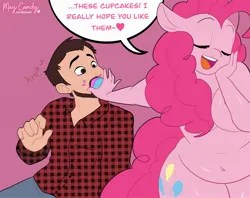 Size: 2588x2048 | Tagged: suggestive, artist:maybilecandy, derpibooru import, pinkie pie, anthro, earth pony, human, g4, big breasts, breasts, busty pinkie pie, casual nudity, chubby, clothes, comic, commission, cupcake, dialogue, eyes closed, fat, feeding, female, food, force feeding, high res, human to anthro, image, jpeg, male to female, nudity, open mouth, open smile, pants, pudgy pie, rule 63, simple background, smiling, speech bubble, transformation, transgender transformation