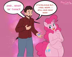 Size: 2588x2048 | Tagged: suggestive, artist:maybilecandy, derpibooru import, pinkie pie, anthro, earth pony, human, g4, big breasts, breasts, busty pinkie pie, casual nudity, chubby, clothes, comic, commission, cupcake, dialogue, fat, female, food, high res, human to anthro, image, jpeg, male to female, nudity, open mouth, open smile, pants, pudgy pie, rule 63, smiling, speech bubble, transformation, transgender transformation