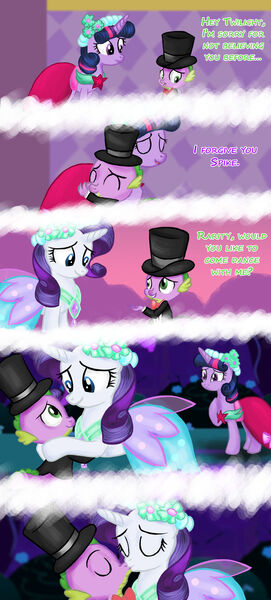 Size: 1280x2839 | Tagged: safe, artist:deannaphantom13, derpibooru import, rarity, spike, twilight sparkle, dragon, pony, unicorn, a canterlot wedding, g4, ^^, bowtie, bridesmaid dress, bridesmaid rarity, canterlot gardens, clothes, comic, cute, daaaaaaaaaaaw, dancing, dress, eyes closed, female, forgiveness, formal wear, hat, hoof on chest, hug, image, jpeg, kiss on the lips, kissing, looking at each other, looking at someone, looking down, male, shipping, smiling, smiling at each other, sparity, straight, suit, top hat, trio, unicorn twilight, wholesome