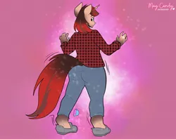 Size: 2588x2048 | Tagged: safe, artist:maybilecandy, derpibooru import, oc, unofficial characters only, anthro, human, unicorn, chubby, clothes, comic, commission, cupcake, fat, food, high res, human to anthro, image, implied tail hole, jpeg, looking back, male to female, mid-transformation, pants, rear view, rule 63, tail, transformation, transgender transformation, weight gain