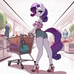 Size: 1024x1024 | Tagged: safe, ai content, derpibooru import, machine learning generated, rarity, anthro, unicorn, g4, adorasexy, ass, breasts, busty rarity, butt, clothes, curvy, cute, female, groceries, high heels, hourglass figure, image, looking at you, mall, png, prompter:horselover fat, purse, rear view, sexy, shoes, shopping, shopping cart, side view, sideboob, solo, store