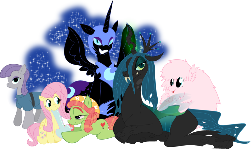 Size: 3414x2028 | Tagged: safe, artist:notsafeforsanity, derpibooru import, fluttershy, maud pie, nightmare moon, queen chrysalis, tree hugger, oc, oc:fluffle puff, alicorn, changeling, changeling queen, earth pony, pegasus, g4, bong, female, harem, high res, image, lesbian, png, ship:flutterhugger, shipping, show accurate, simple background, style emulation, transparent background