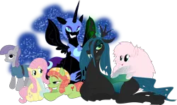 Size: 3414x2028 | Tagged: safe, artist:notsafeforsanity, derpibooru import, fluttershy, maud pie, nightmare moon, queen chrysalis, tree hugger, oc, oc:fluffle puff, alicorn, changeling, changeling queen, earth pony, pegasus, g4, bong, female, harem, high res, image, lesbian, png, ship:flutterhugger, shipping, show accurate, simple background, style emulation, transparent background