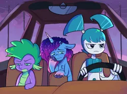 Size: 1171x866 | Tagged: safe, artist:kreeeeeez, derpibooru import, spike, dragon, pony, robot, unicorn, g4, g5, a goofy movie, annoyed, car, crossover, driving, female, goofy movie meme, image, jenny wakeman, male, mare, markings, meme, misty brightdawn, my life as a teenage robot, png, ponified meme, rebirth misty, trio, unamused, unshorn fetlocks