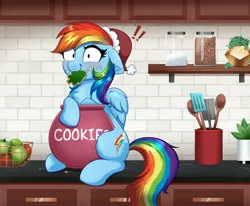 Size: 4000x3298 | Tagged: safe, alternate version, artist:confetticakez, derpibooru import, rainbow dash, pegasus, pony, g4, apple, blushing, caught, chest fluff, christmas, christmas cookies, cookie, cookie jar, cookie thief, cute, dashabetes, eating, exclamation point, female, floppy ears, food, hat, high res, holiday, image, jar, jpeg, kitchen, looking at you, mare, pinpoint eyes, santa hat, solo, thief