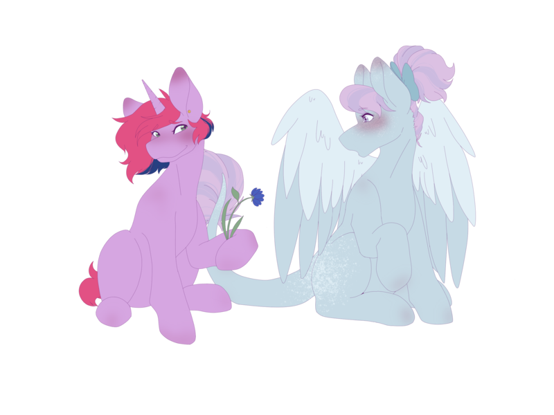 Size: 2732x2048 | Tagged: safe, artist:snows-undercover, derpibooru import, oc, oc:iris breeze, oc:lilac, unofficial characters only, pegasus, pony, unicorn, blushing, bow, cute, derpibooru exclusive, duo, female, flower, freckles, hair bow, horn, image, leonine tail, lesbian, looking at each other, looking at someone, oc x oc, png, shipping, simple background, sitting, tail, transparent background, wings