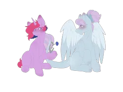 Size: 2732x2048 | Tagged: safe, artist:snows-undercover, derpibooru import, oc, oc:iris breeze, oc:lilac, unofficial characters only, pegasus, pony, unicorn, blushing, bow, cute, derpibooru exclusive, duo, female, flower, freckles, hair bow, horn, image, leonine tail, lesbian, looking at each other, looking at someone, oc x oc, png, shipping, simple background, sitting, tail, transparent background, wings