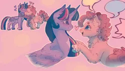 Size: 3078x1760 | Tagged: safe, artist:fealcity, derpibooru import, pinkie pie, twilight sparkle, twilight sparkle (alicorn), alicorn, earth pony, pony, g4, chest fluff, clothes, eyes closed, female, floating heart, heart, image, lesbian, looking at each other, looking at someone, mare, nuzzling, open mouth, open smile, pink background, png, scarf, shared clothing, shared scarf, shipping, simple background, smiling, smiling at each other, twinkie