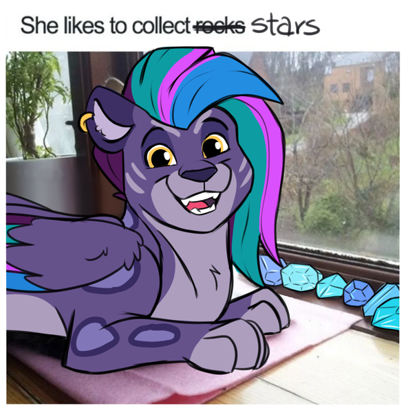 Size: 1025x1037 | Tagged: safe, artist:rutkotka, derpibooru import, big cat, leopard, snow leopard, g5, adorallura, allura, allura cat meme, allurabetes, aq bars, cute, daaaaaaaaaaaw, ear piercing, earring, female, gem, happy, helix piercing, image, jewelry, looking at you, piercing, png, ponified animal photo, real life background, simple background, smiling, smiling at you, solo, that cat sure does like stars, winged big cat