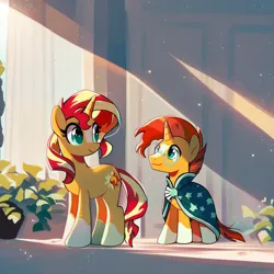 Size: 1024x1024 | Tagged: safe, ai content, derpibooru import, machine learning generated, prompter:maresforever, stable diffusion, sunburst, sunset shimmer, pony, unicorn, g4, brother and sister, clothes, colt, cute, duo, female, foal, generator:pony diffusion v6 xl, glasses, image, male, mare, png, prompt in description, robe, siblings, stallion, sunny siblings