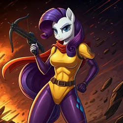 Size: 1024x1024 | Tagged: safe, ai content, derpibooru import, generator:google imagen 3.0, machine learning generated, prompter:zerowinger, rarity, anthro, bodysuit, clothes, cosplay, costume, crossbow, female, g.i. joe, image, jpeg, scarlett, solo, weapon