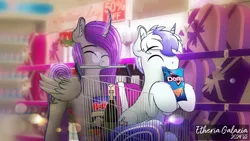 Size: 3840x2160 | Tagged: safe, artist:etheria galaxia, derpibooru import, oc, oc:etheria galaxia, oc:scratch wub, unofficial characters only, alicorn, pony, unicorn, alicorn oc, bottle, box of chocolates, chips, curved horn, depth of field, doritos, ear fluff, female, food, glasses, holiday, horn, image, indoors, male, mare, mouth hold, png, ship:scratchtheria, shopping, shopping cart, stallion, tail, unicorn oc, valentine's day, watermark, wine bottle, wings