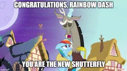 Size: 888x499 | Tagged: safe, derpibooru import, edit, edited screencap, screencap, discord, rainbow dash, draconequus, pegasus, pony, g4, princess twilight sparkle (episode), black vine, caption, element of loyalty, image, image macro, imgflip, jpeg, moon, ponyville, text