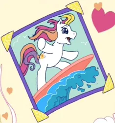 Size: 1112x1182 | Tagged: safe, derpibooru import, screencap, sunny daze (g3), earth pony, pony, a charming birthday, g3, cropped, female, image, mare, picture, png, ponyville surprise birthday book, surfing, wave