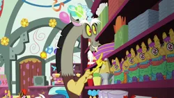 Size: 1280x720 | Tagged: safe, derpibooru import, screencap, discord, draconequus, discordant harmony, g4, season 7, big grin, big smile, cash register, excited, excitement, grin, image, lava lamp, piñata, png, pointing, smiling, solo