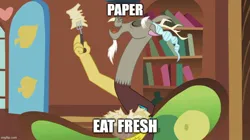 Size: 888x499 | Tagged: safe, derpibooru import, edit, edited screencap, screencap, discord, draconequus, g4, keep calm and flutter on, caption, eating, fluttershy's cottage (interior), fork, image, image macro, imgflip, jpeg, open mouth, paper, reference, solo, subway (restaurant), text