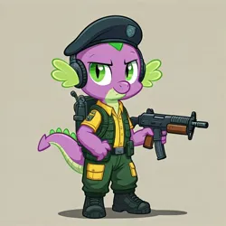 Size: 1024x1024 | Tagged: safe, ai content, derpibooru import, generator:google imagen 3.0, machine learning generated, prompter:zerowinger, spike, beret, clothes, cosplay, costume, dial-tone, g.i. joe, gun, hat, headset, image, jpeg, male, military uniform, simple background, solo, submachinegun, uniform, weapon