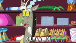 Size: 888x499 | Tagged: safe, derpibooru import, edit, edited screencap, screencap, discord, draconequus, discordant harmony, g4, caption, hat, image, image macro, imgflip, jpeg, lava lamp, open mouth, party hat, piñata, solo, surprised, surprised face, text