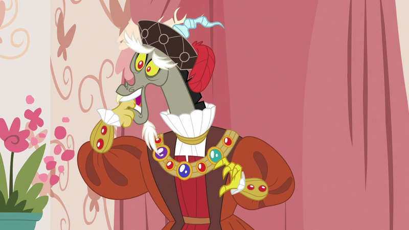 Size: 1280x720 | Tagged: safe, derpibooru import, screencap, discord, draconequus, discordant harmony, g4, discord viii, discord's house, dripcord, hat, henry viii, image, nervous, png, solo, tudor cap