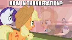 Size: 888x499 | Tagged: safe, derpibooru import, edit, edited screencap, screencap, applejack, rarity, shining star, earth pony, pony, unicorn, baby cakes, g4, applebutt, baby, baby pony, butt, caption, image, image macro, imgflip, jpeg, plot, rear view, reflection, smiling, text, treasure (g4), window