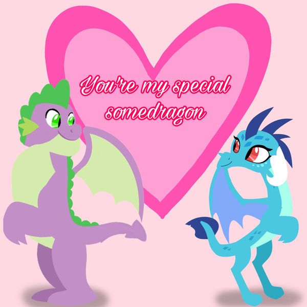 Size: 1400x1400 | Tagged: safe, artist:mlplary6, derpibooru import, princess ember, spike, dragon, g4, female, gigachad spike, holiday, image, male, older, older spike, png, ship:emberspike, shipping, straight, valentine's day, winged spike, wings